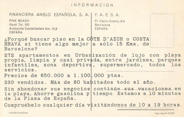 Postal promocional para la venta y alquiler de apartamentos en PINE BEACH (Gavà Mar) (1966)